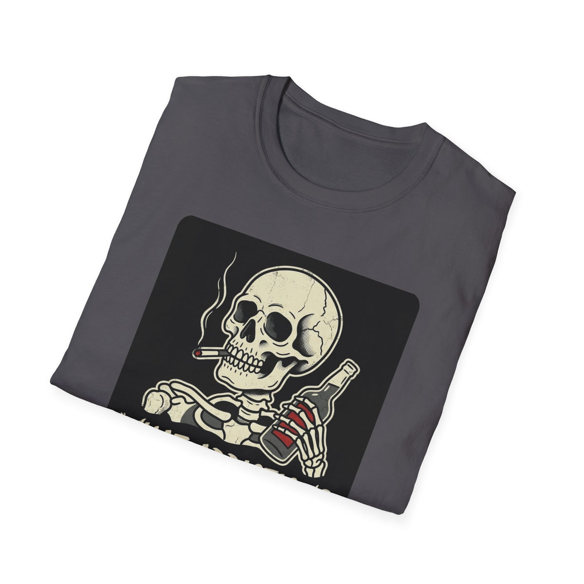 What Addiction? Skull Smoking & Bottle Graphic T-Shirt — Retro Style Tee