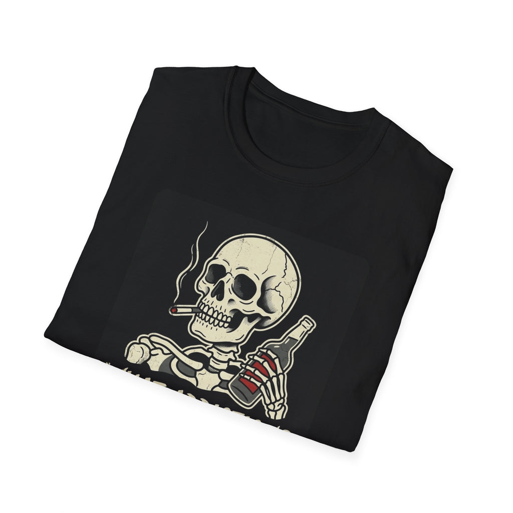 What Addiction? Skull Smoking & Bottle Graphic T-Shirt — Retro Style Tee