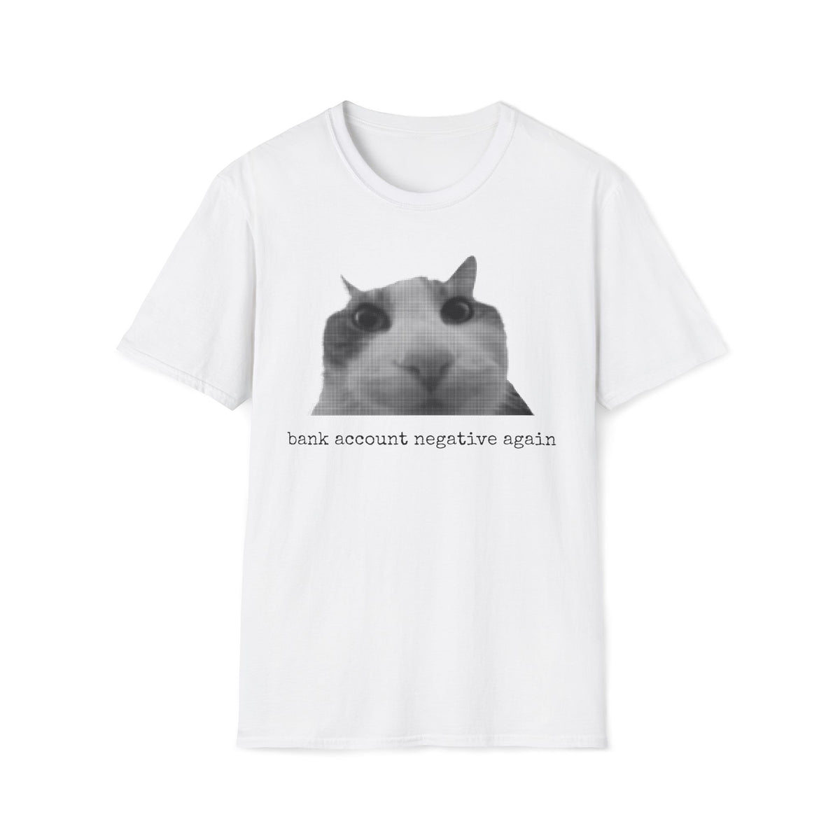 Bank account negative again cat meme t-shirt, front view