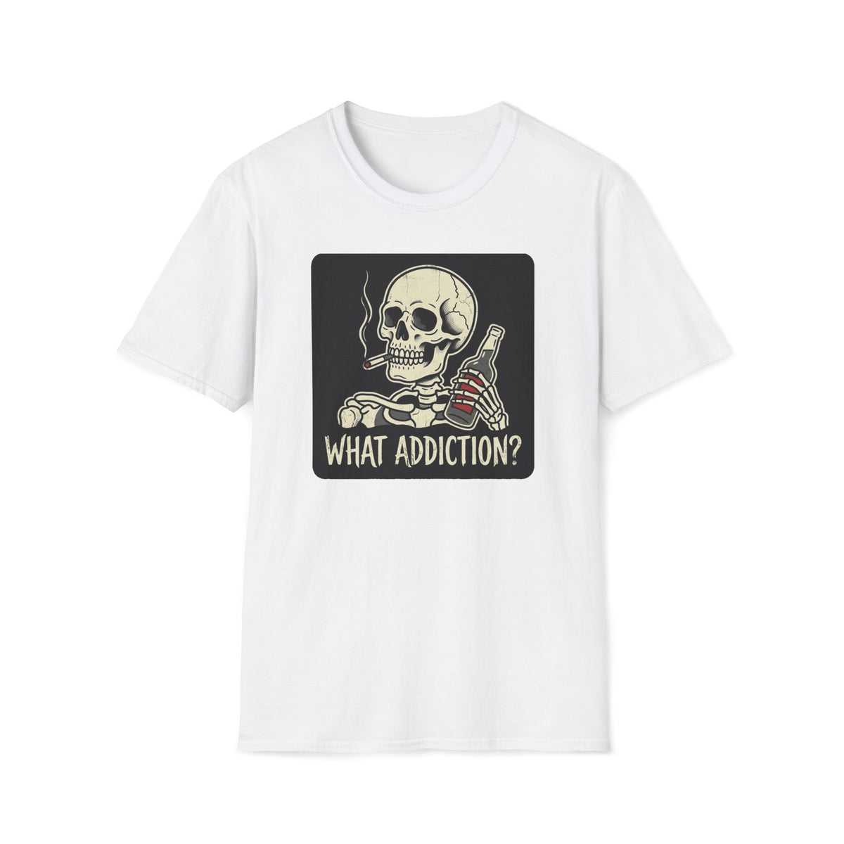 What Addiction? Skull Smoking & Bottle Graphic T-Shirt — Retro Style Tee