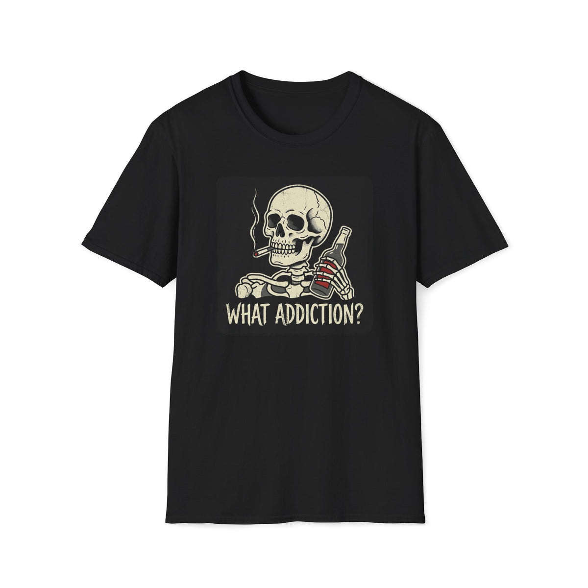 What Addiction? Skull Smoking & Bottle Graphic T-Shirt — Retro Style Tee